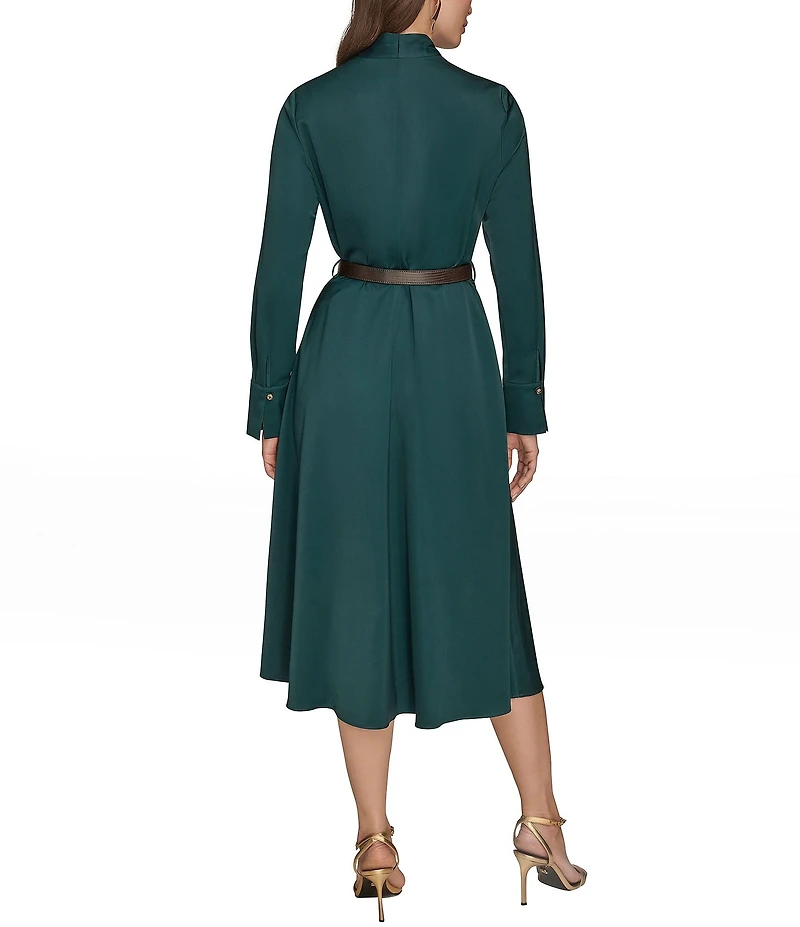 Donna Karan Long Sleeve Belted Satin A-Line Midi Dress