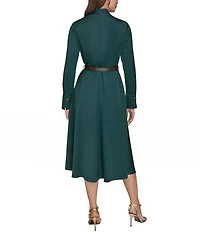 Donna Karan Long Sleeve Belted Satin A-Line Midi Dress