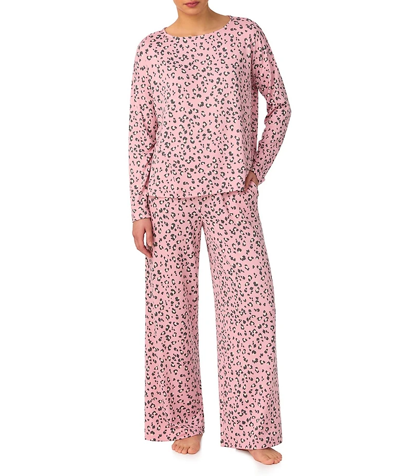 Donna Karan Long Sleeve Boat Neck Long Brushed Knit Animal Print Lounge Set
