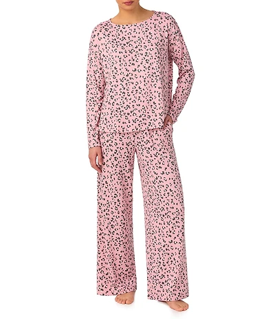 Donna Karan Long Sleeve Boat Neck Long Brushed Knit Animal Print Lounge Set