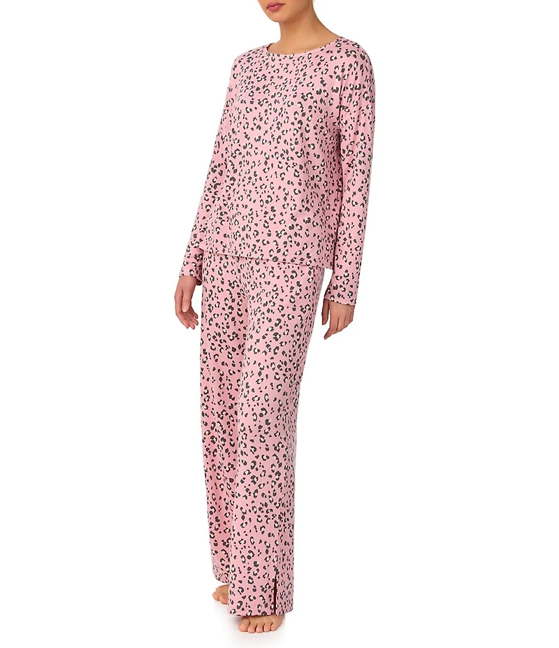 Donna Karan Long Sleeve Boat Neck Long Brushed Knit Animal Print Lounge Set