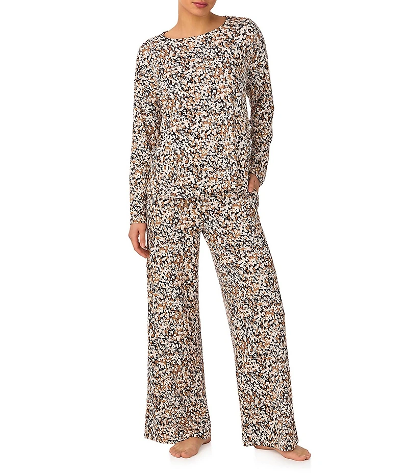 Donna Karan Long Sleeve Boat Neck Long Brushed Knit Floral Print Lounge Set
