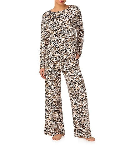 Donna Karan Long Sleeve Boat Neck Long Brushed Knit Floral Print Lounge Set