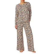 Donna Karan Long Sleeve Boat Neck Long Brushed Knit Floral Print Lounge Set