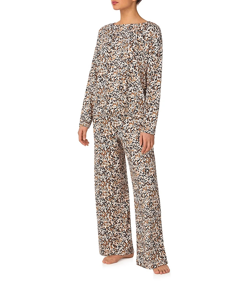 Donna Karan Long Sleeve Boat Neck Long Brushed Knit Floral Print Lounge Set
