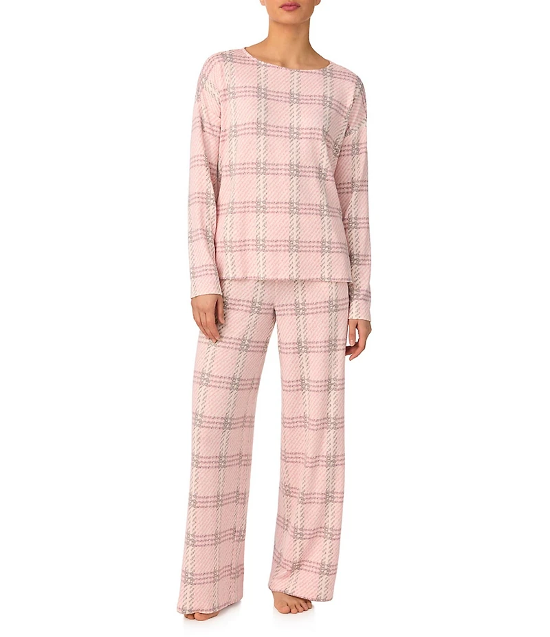 Donna Karan Long Sleeve Boat Neck Long Brushed Knit Plaid Print Lounge Set