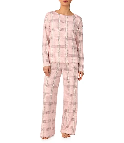 Donna Karan Long Sleeve Boat Neck Long Brushed Knit Plaid Print Lounge Set