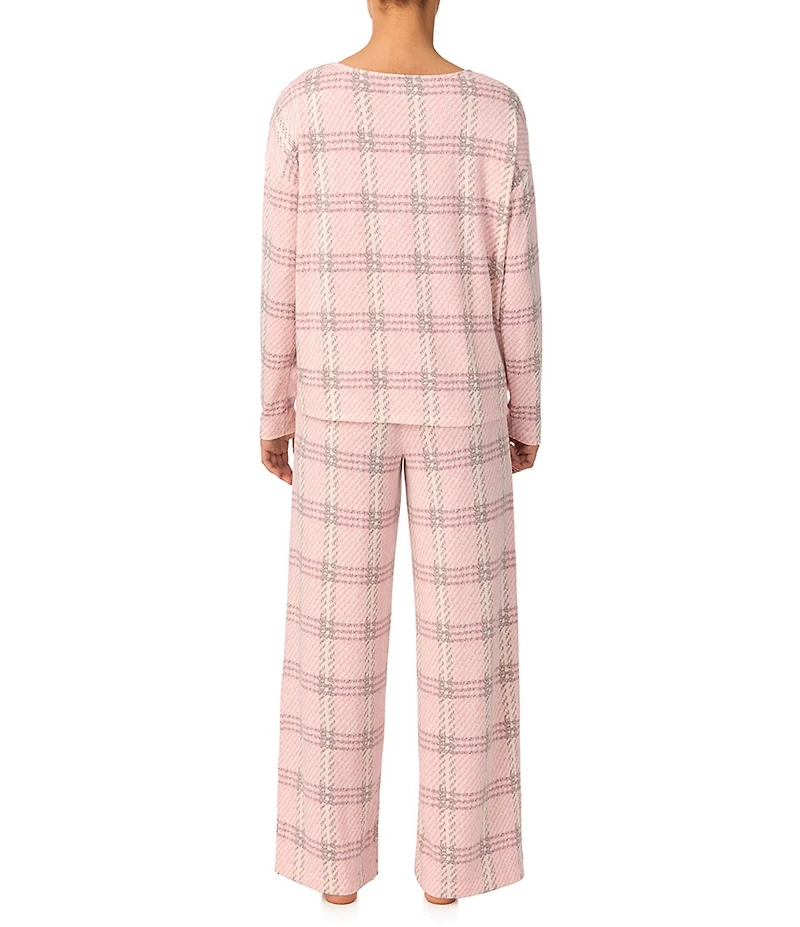 Donna Karan Long Sleeve Boat Neck Long Brushed Knit Plaid Print Lounge Set