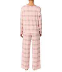 Donna Karan Long Sleeve Boat Neck Long Brushed Knit Plaid Print Lounge Set