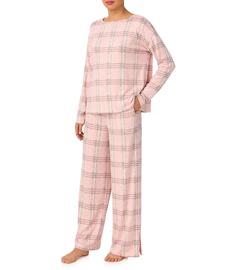 Donna Karan Long Sleeve Boat Neck Long Brushed Knit Plaid Print Lounge Set