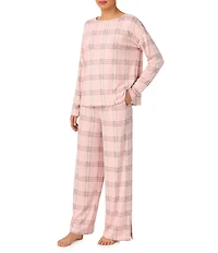 Donna Karan Long Sleeve Boat Neck Long Brushed Knit Plaid Print Lounge Set