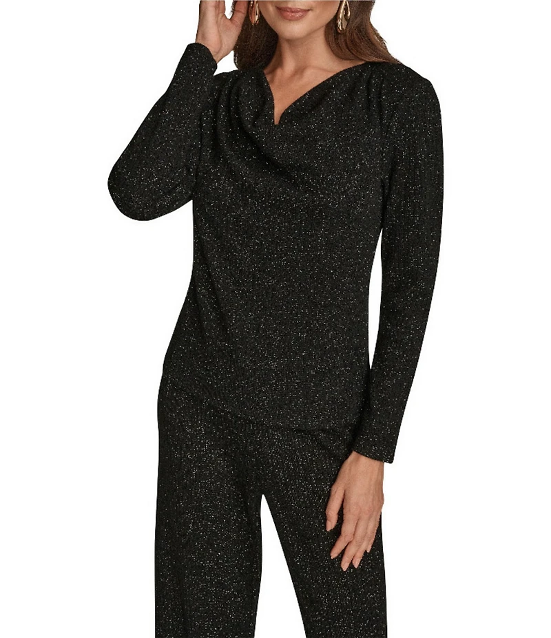 Donna Karan Lurex Rib Knit Cowl Neck Long Sleeve Top