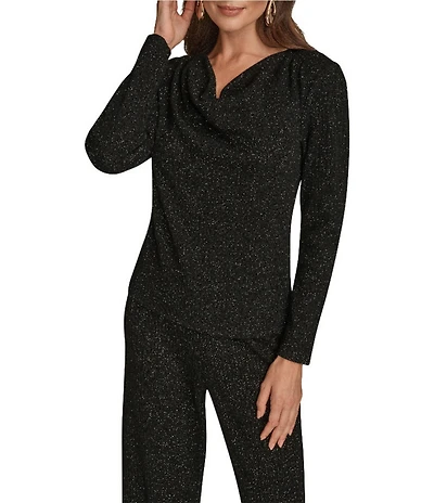Donna Karan Lurex Rib Knit Cowl Neck Long Sleeve Top