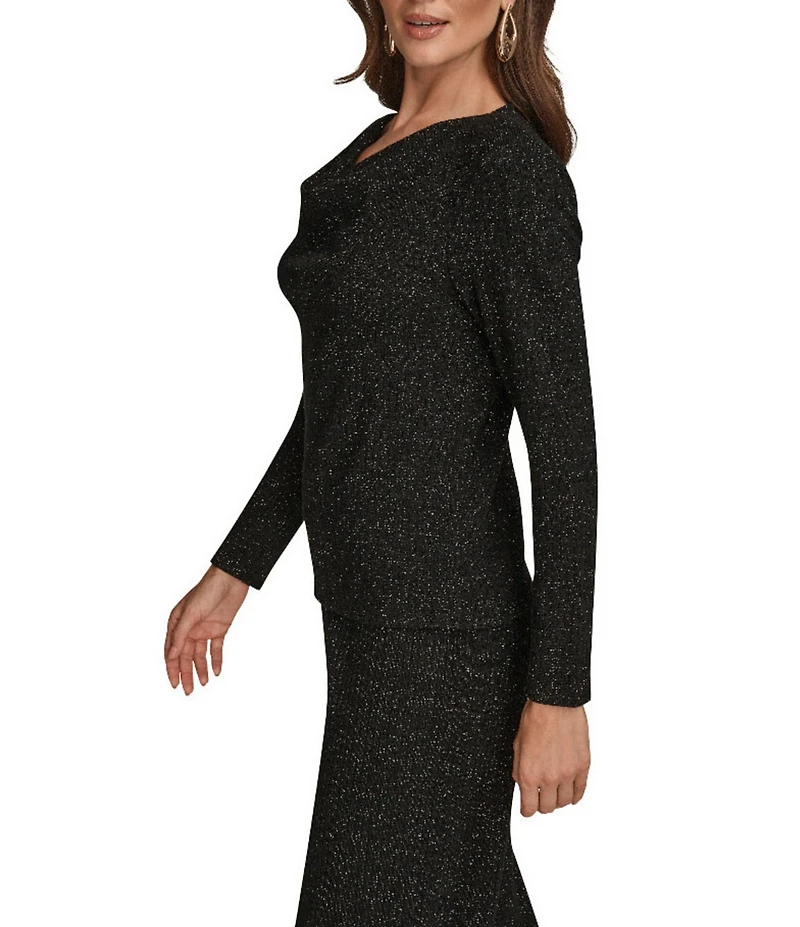 Donna Karan Lurex Rib Knit Cowl Neck Long Sleeve Top