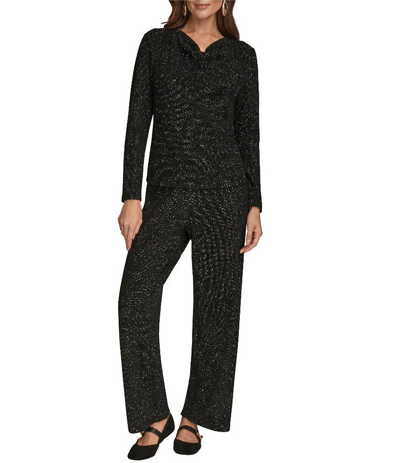 Donna Karan Lurex Rib Knit Cowl Neck Long Sleeve Top