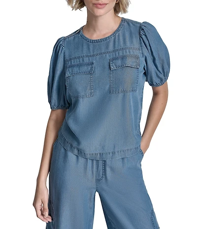 Donna Karan Lyocell Scoop Neck Short Puff Sleeve Zip Shoulder Patch Pocket Top