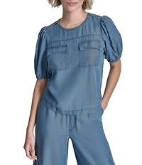 Donna Karan Lyocell Scoop Neck Short Puff Sleeve Zip Shoulder Patch Pocket Top