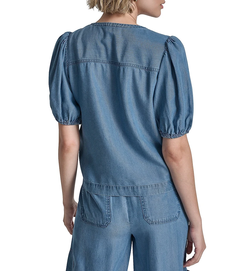 Donna Karan Lyocell Scoop Neck Short Puff Sleeve Zip Shoulder Patch Pocket Top