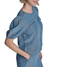 Donna Karan Lyocell Scoop Neck Short Puff Sleeve Zip Shoulder Patch Pocket Top