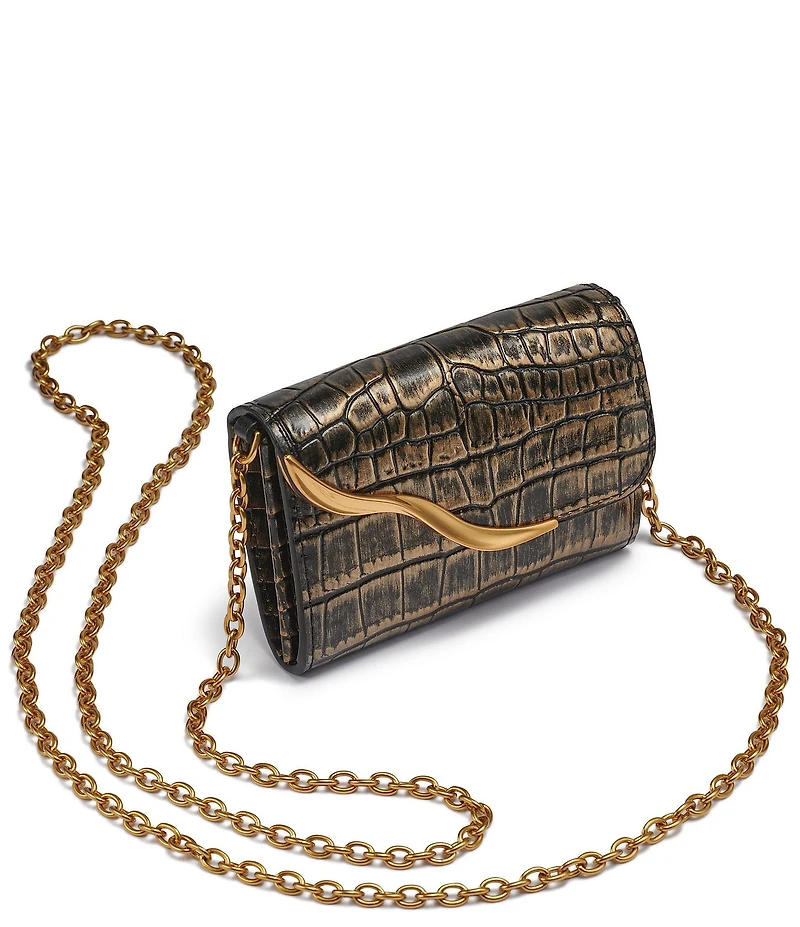 Donna Karan Malverne Metallic Crocodile Embossed Wallet On A Chain Crossbody Bag