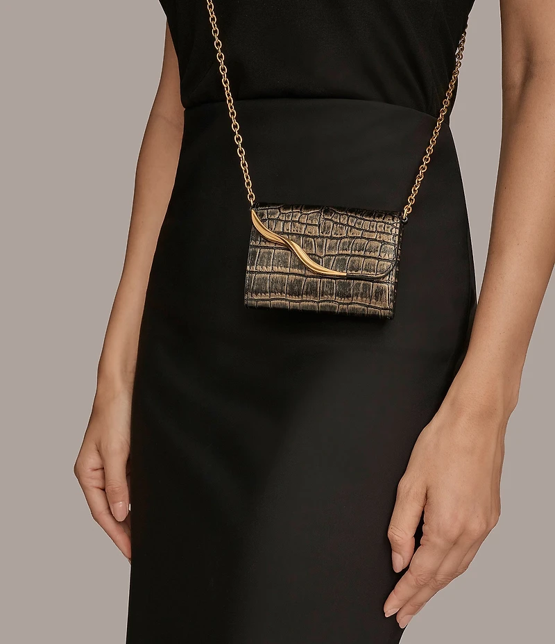 Donna Karan Malverne Metallic Crocodile Embossed Wallet On A Chain Crossbody Bag