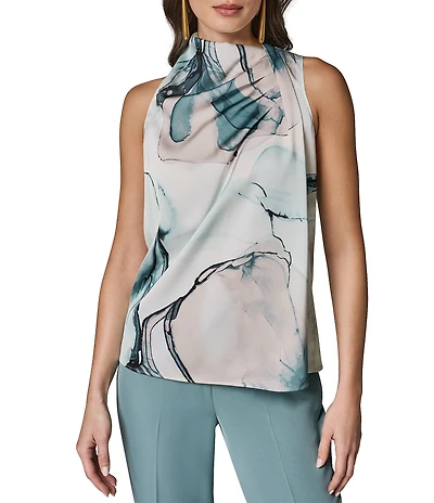 Donna Karan Matte Jersey Printed Cowl Neck Shoulder Drape Twist Sleeveless Blouse