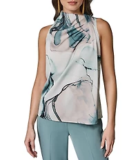 Donna Karan Matte Jersey Printed Cowl Neck Shoulder Drape Twist Sleeveless Blouse