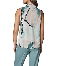 Donna Karan Matte Jersey Printed Cowl Neck Shoulder Drape Twist Sleeveless Blouse