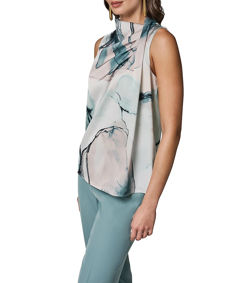 Donna Karan Matte Jersey Printed Cowl Neck Shoulder Drape Twist Sleeveless Blouse