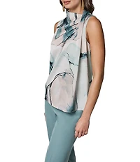 Donna Karan Matte Jersey Printed Cowl Neck Shoulder Drape Twist Sleeveless Blouse