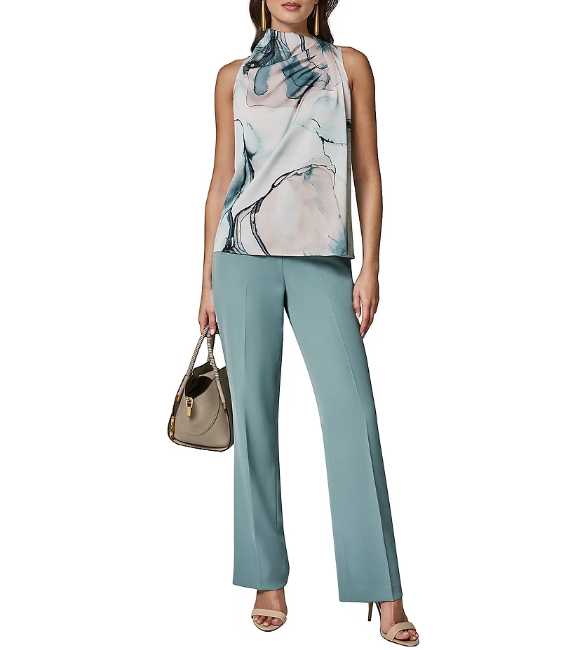 Donna Karan Matte Jersey Printed Cowl Neck Shoulder Drape Twist Sleeveless Blouse