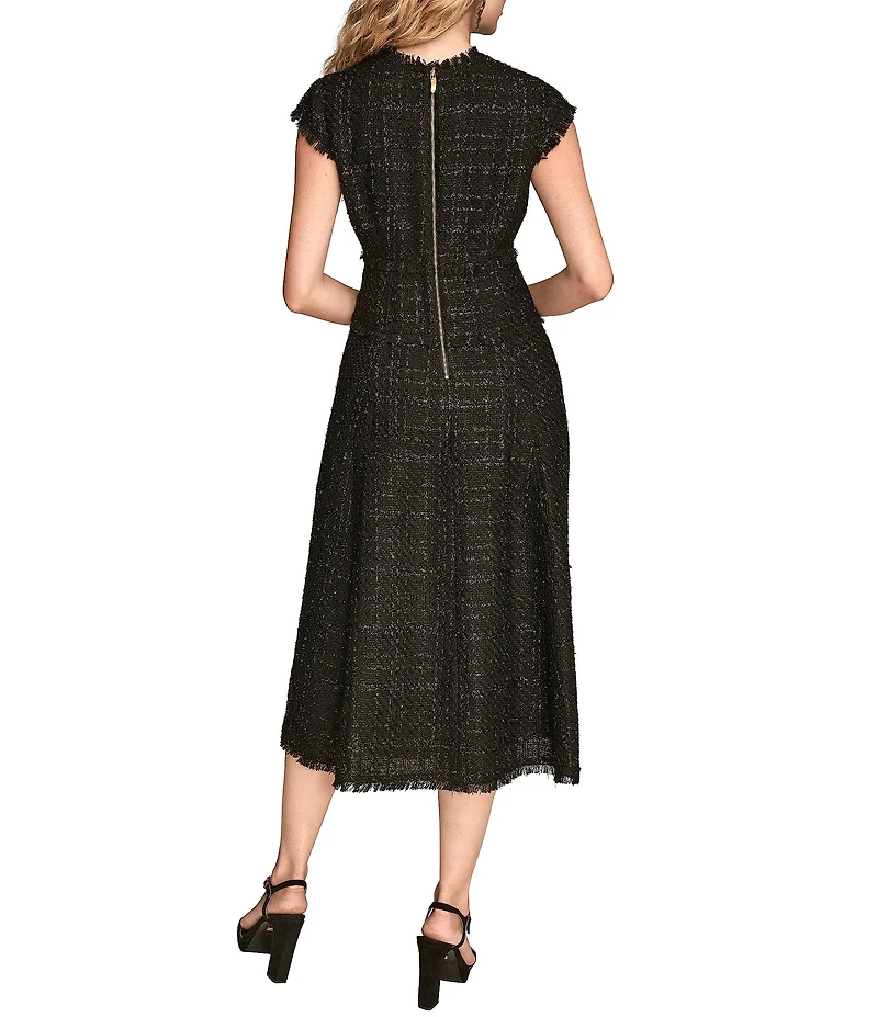 Donna Karan Metallic Boucle Crew Neck Short Sleeve A-Line Midi Dress