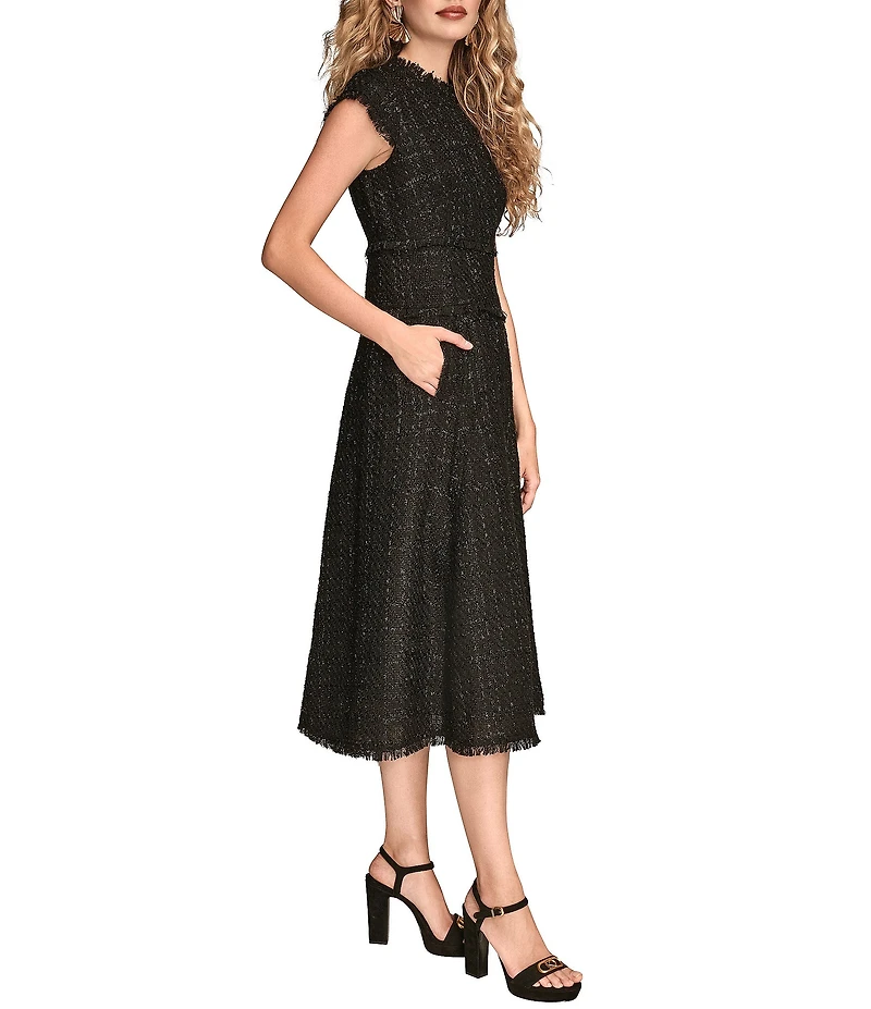 Donna Karan Metallic Boucle Crew Neck Short Sleeve A-Line Midi Dress