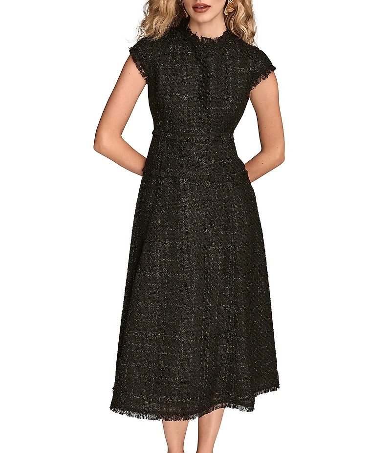 Donna Karan Metallic Boucle Crew Neck Short Sleeve A-Line Midi Dress