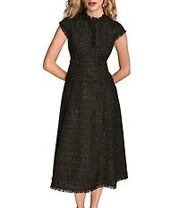 Donna Karan Metallic Boucle Crew Neck Short Sleeve A-Line Midi Dress