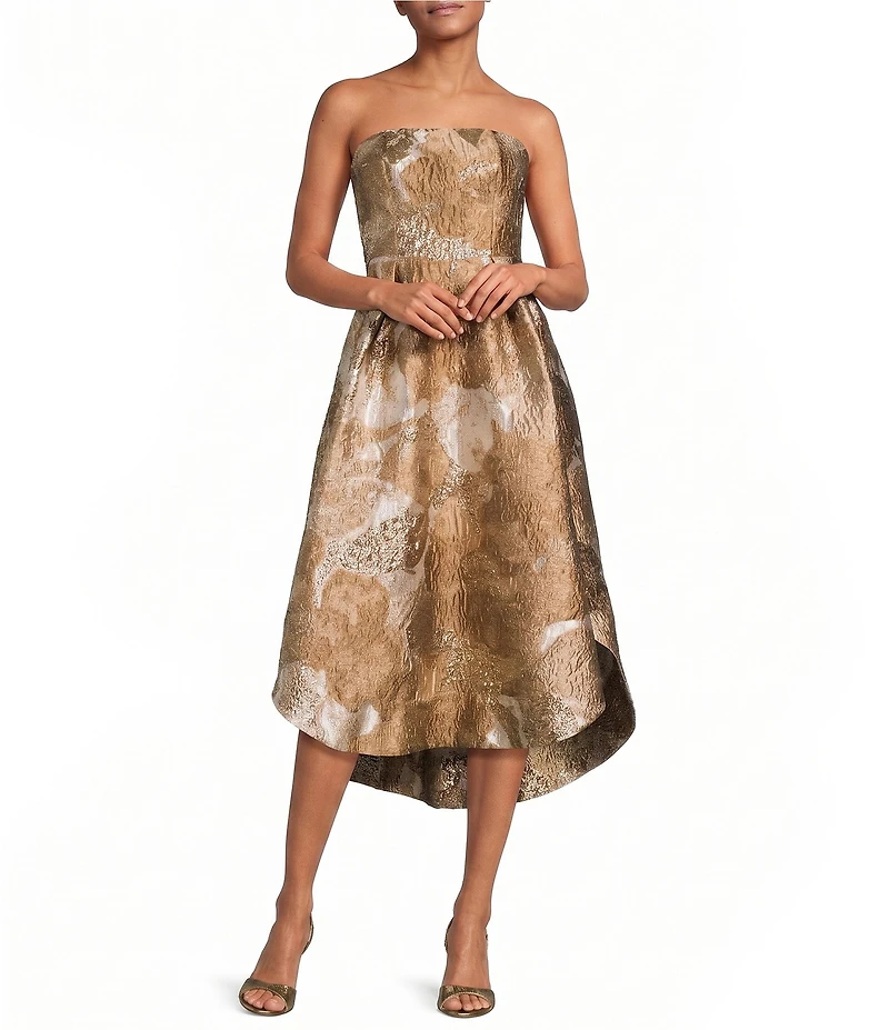 Donna Karan Metallic Brocade Strapless A-Line Midi Gown
