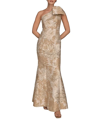 Donna Karan Metallic Floral Print Brocade One Shoulder Sleeveless Gown