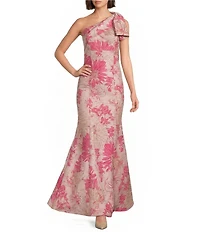 Donna Karan Metallic Floral Print Brocade One Shoulder Sleeveless Gown