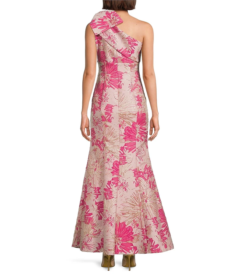 Donna Karan Metallic Floral Print Brocade One Shoulder Sleeveless Gown