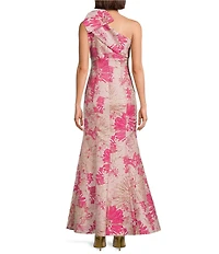 Donna Karan Metallic Floral Print Brocade One Shoulder Sleeveless Gown