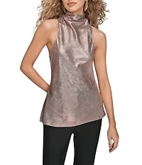 Donna Karan Metallic Foil High Cowl Neck Sleeveless Top