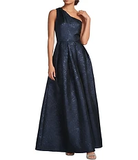 Donna Karan Metallic Jacquard One Shoulder A-Line Gown