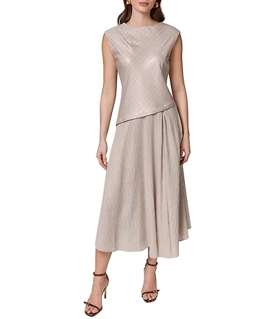 Donna Karan Metallic Pinstripe Boat Neck Cap Sleeve Asymmetric Fit and Flare Midi Dress