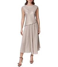 Donna Karan Metallic Pinstripe Boat Neck Cap Sleeve Asymmetric Fit and Flare Midi Dress