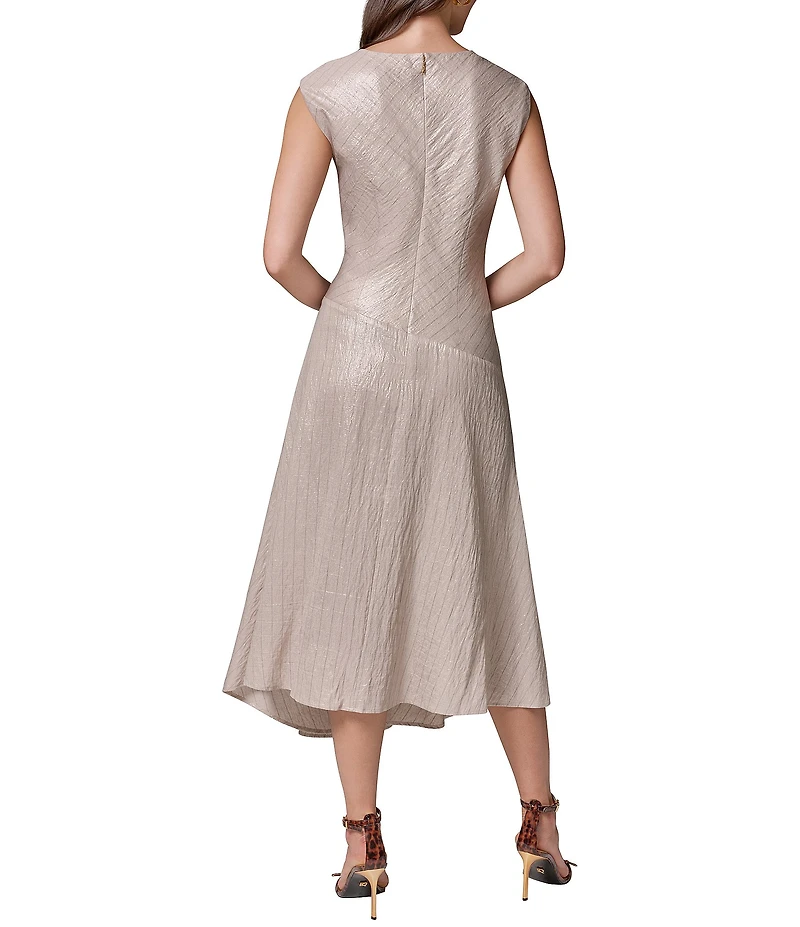 Donna Karan Metallic Pinstripe Boat Neck Cap Sleeve Asymmetric Fit and Flare Midi Dress