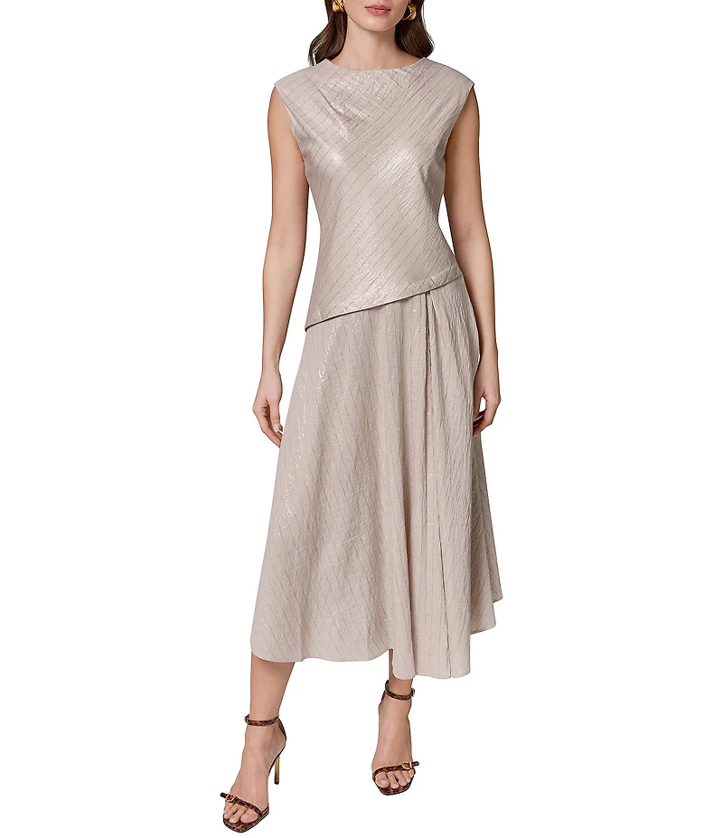 Donna Karan Metallic Pinstripe Boat Neck Cap Sleeve Asymmetric Fit and Flare Midi Dress