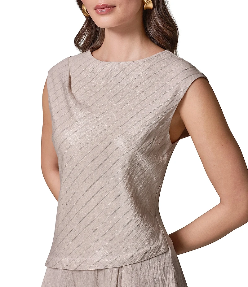 Donna Karan Metallic Pinstripe Boat Neck Cap Sleeve Asymmetric Fit and Flare Midi Dress