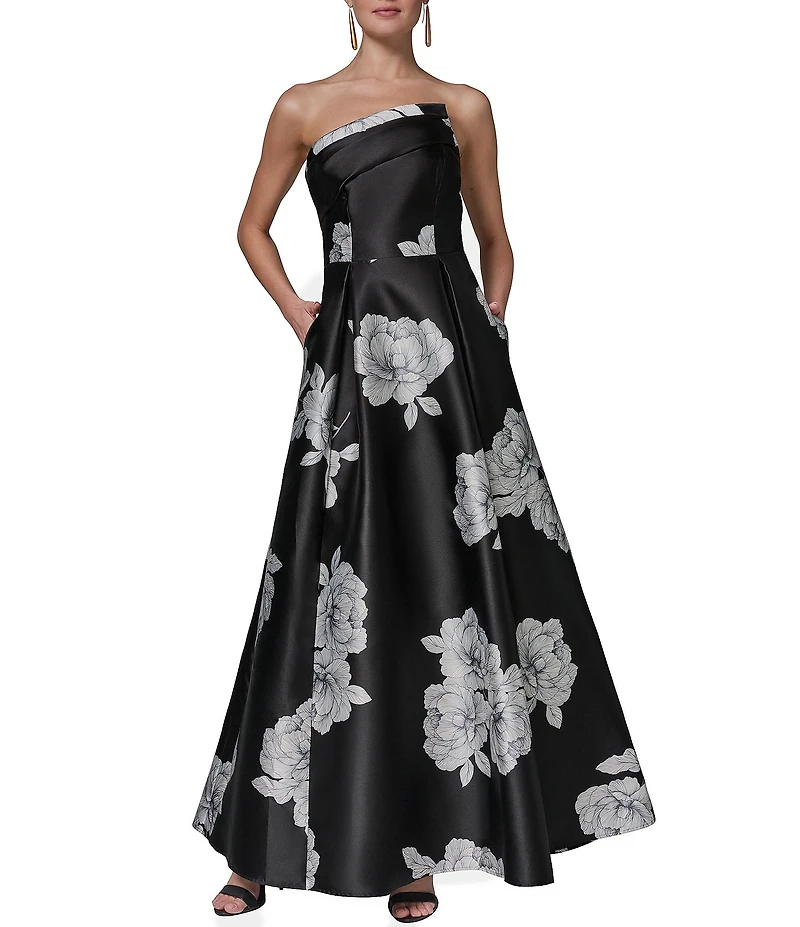 Donna Karan Mikado Strapless Asymmetrical Floral Gown