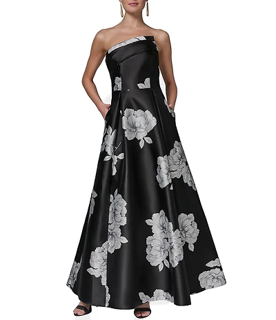 Donna Karan Mikado Strapless Asymmetrical Floral Gown