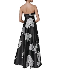 Donna Karan Mikado Strapless Asymmetrical Floral Gown